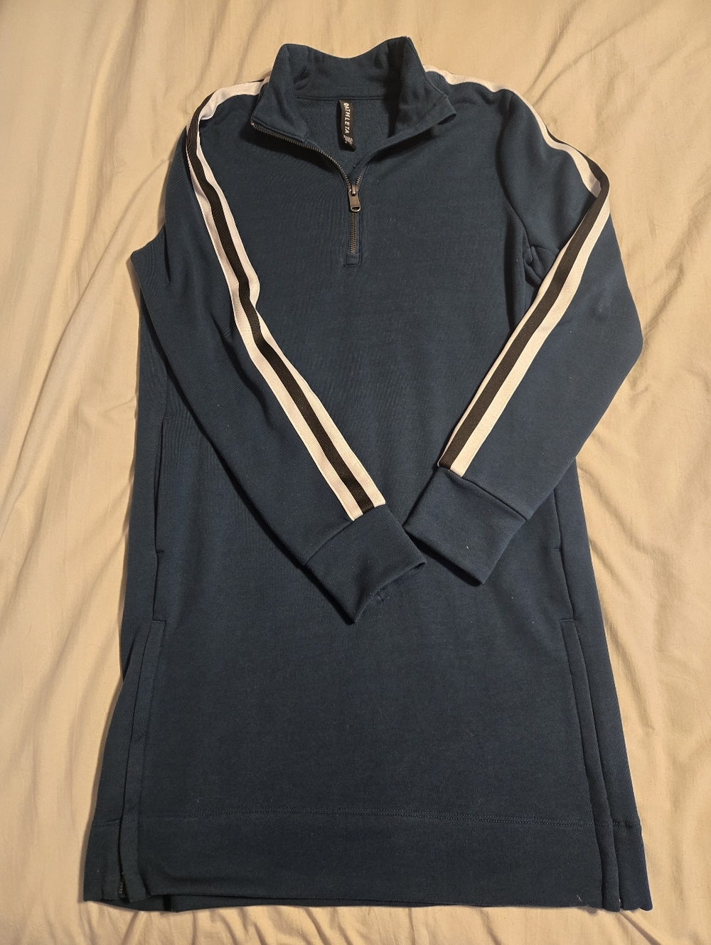 Athleta Small Quarter Zip Sweatshirt Dress Blue Stripe Sleeve Athleisure